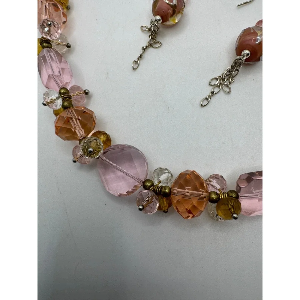Pink Peach Beaded Statement Necklace & Lampwork Dangle Earring Set 16